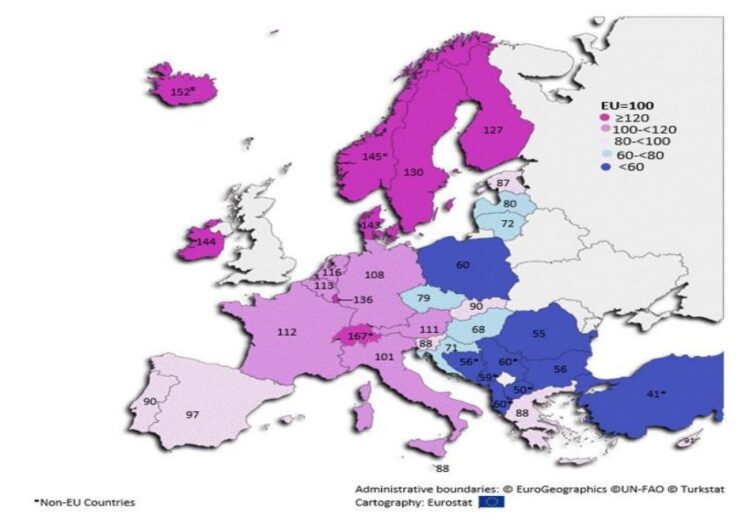 INS: Puterea de cumpărare în România comparativ cu statele membre UE, în anul 2021